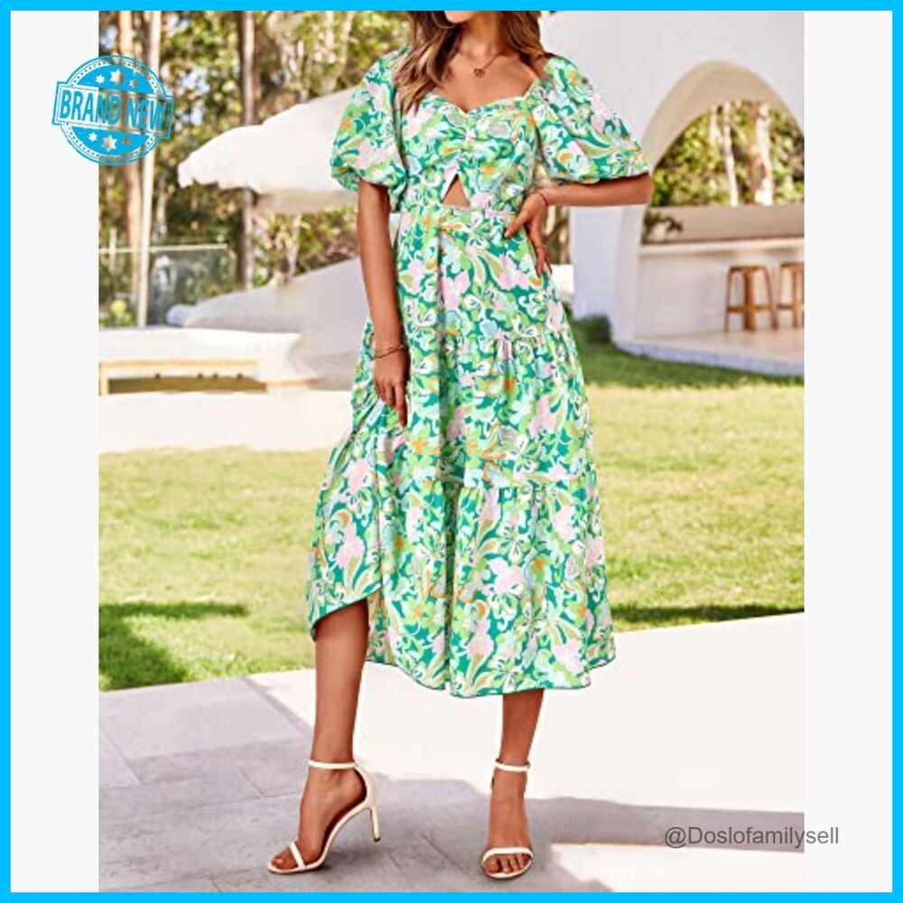 Boho Maxi Dress Flowy Tiered Ruffle Hem Smocked Back Square Neck Casual - Picture 3 of 7